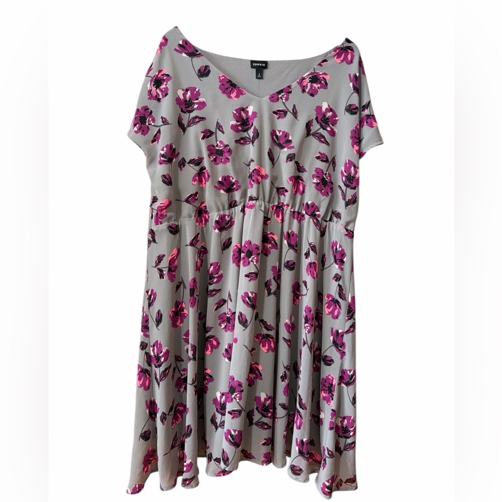 Torrid Floral Skater Dress Size 4 Gray Pink Tie Sleeve Plus Size Lined
